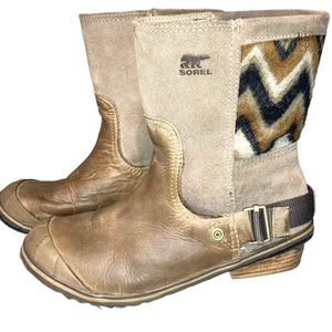 Sorel x Anthro Slimshortie Suede-Leather-Chevron Print Mid-height Boots-size 8